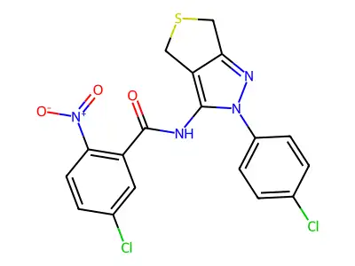5-chloro-N-(2-(4-chlorophenyl)-4,6-dihydro-2H-thieno[3,4-c]pyrazol-3-yl)-2-nitrobenzamide structure
