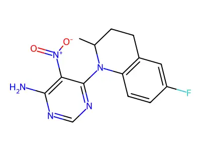 6-(6-fluoro-2-methyl-3,4-dihydroquinolin-1(2H)-yl)-5-nitropyrimidin-4-amine structure