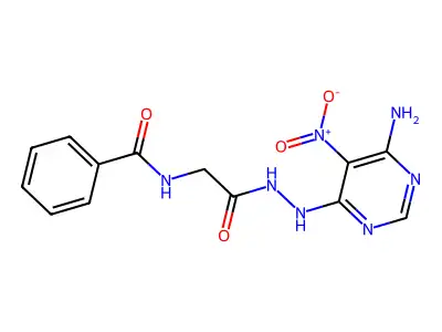 N-(2-(2-(6-amino-5-nitropyrimidin-4-yl)hydrazinyl)-2-oxoethyl)benzamide structure
