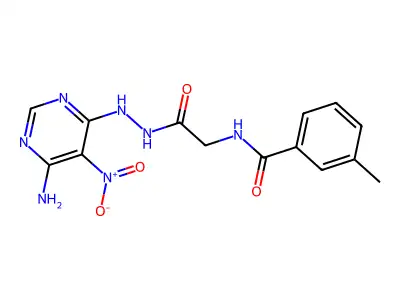 N-(2-(2-(6-amino-5-nitropyrimidin-4-yl)hydrazinyl)-2-oxoethyl)-3-methylbenzamide structure
