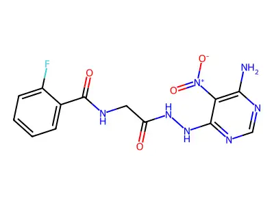 N-(2-(2-(6-amino-5-nitropyrimidin-4-yl)hydrazinyl)-2-oxoethyl)-2-fluorobenzamide structure