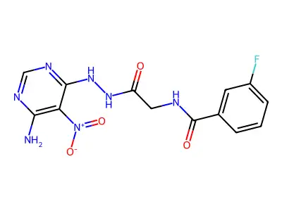 N-(2-(2-(6-amino-5-nitropyrimidin-4-yl)hydrazinyl)-2-oxoethyl)-3-fluorobenzamide structure