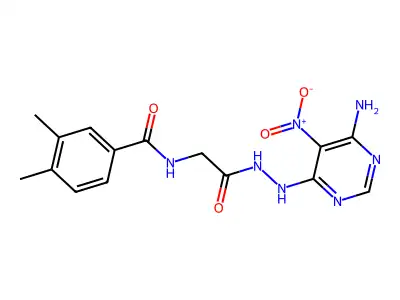 N-(2-(2-(6-amino-5-nitropyrimidin-4-yl)hydrazinyl)-2-oxoethyl)-3,4-dimethylbenzamide structure