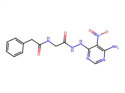 N-(2-(2-(6-amino-5-nitropyrimidin-4-yl)hydrazinyl)-2-oxoethyl)-2-phenylacetamide structure