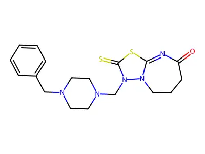 3-((4-benzylpiperazin-1-yl)methyl)-2-thioxo-2,3,6,7-tetrahydro-[1,3,4]thiadiazolo[3,2-a][1,3]diazepin-8(5H)-one structure