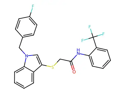 2-[1-[(4-fluorophenyl)methyl]indol-3-yl]sulfanyl-N-[2-(trifluoromethyl)phenyl]acetamide structure
