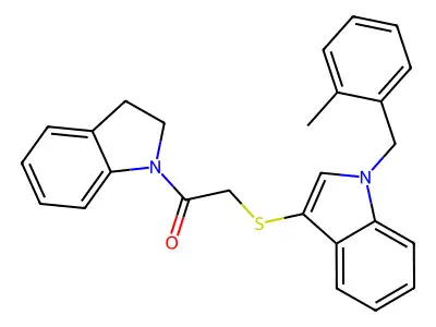1-(indolin-1-yl)-2-((1-(2-methylbenzyl)-1H-indol-3-yl)thio)ethanone structure