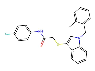 N-(4-fluorophenyl)-2-((1-(2-methylbenzyl)-1H-indol-3-yl)thio)acetamide structure