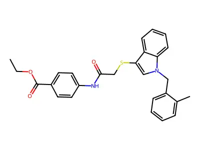 Ethyl 4-[[2-[1-[(2-methylphenyl)methyl]indol-3-yl]sulfanylacetyl]amino]benzoate structure