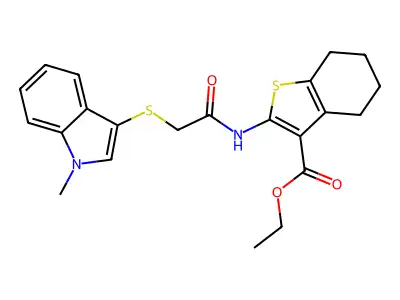 ethyl 2-{2-[(1-methyl-1H-indol-3-yl)sulfanyl]acetamido}-4,5,6,7-tetrahydro-1-benzothiophene-3-carboxylate structure