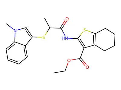 ethyl 2-(2-((1-methyl-1H-indol-3-yl)thio)propanamido)-4,5,6,7-tetrahydrobenzo[b]thiophene-3-carboxylate structure