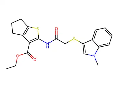 ethyl 2-{2-[(1-methyl-1H-indol-3-yl)sulfanyl]acetamido}-4H,5H,6H-cyclopenta[b]thiophene-3-carboxylate structure