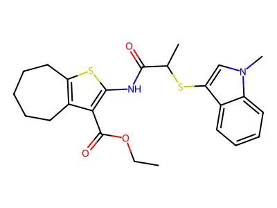 ethyl 2-{2-[(1-methyl-1H-indol-3-yl)sulfanyl]propanamido}-4H,5H,6H,7H,8H-cyclohepta[b]thiophene-3-carboxylate structure