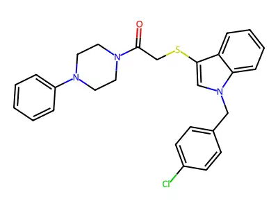 2-[1-[(4-chlorophenyl)methyl]indol-3-yl]sulfanyl-1-(4-phenylpiperazin-1-yl)ethanone structure