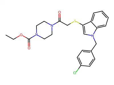 Ethyl 4-[2-[1-[(4-chlorophenyl)methyl]indol-3-yl]sulfanylacetyl]piperazine-1-carboxylate structure