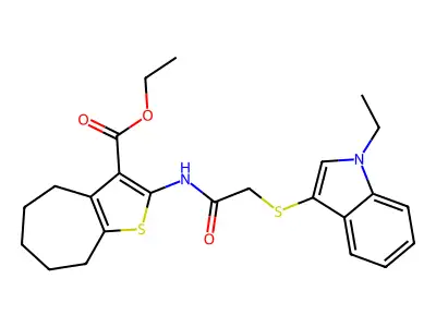 ethyl 2-{2-[(1-ethyl-1H-indol-3-yl)sulfanyl]acetamido}-4H,5H,6H,7H,8H-cyclohepta[b]thiophene-3-carboxylate structure