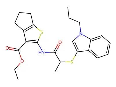 ethyl 2-{2-[(1-propyl-1H-indol-3-yl)sulfanyl]propanamido}-4H,5H,6H-cyclopenta[b]thiophene-3-carboxylate structure