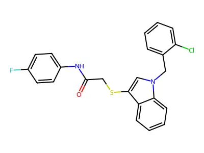 2-[1-[(2-chlorophenyl)methyl]indol-3-yl]sulfanyl-N-(4-fluorophenyl)acetamide structure