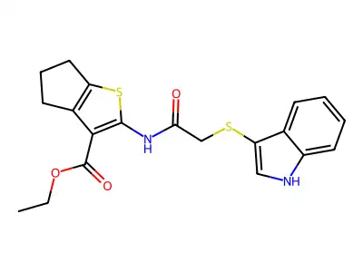 ethyl 2-(2-((1H-indol-3-yl)thio)acetamido)-5,6-dihydro-4H-cyclopenta[b]thiophene-3-carboxylate structure