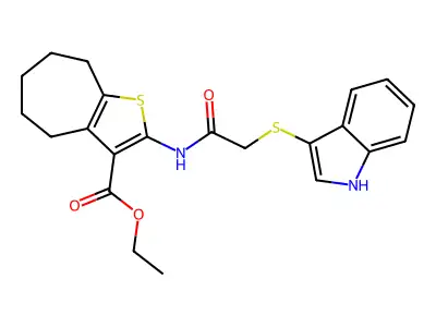 ethyl 2-(2-((1H-indol-3-yl)thio)acetamido)-5,6,7,8-tetrahydro-4H-cyclohepta[b]thiophene-3-carboxylate structure