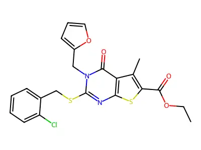 ethyl 2-{[(2-chlorophenyl)methyl]sulfanyl}-3-[(furan-2-yl)methyl]-5-methyl-4-oxo-3H,4H-thieno[2,3-d]pyrimidine-6-carboxylate structure