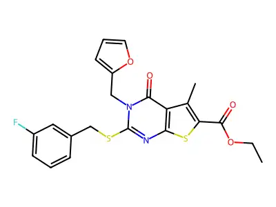 ethyl 2-{[(3-fluorophenyl)methyl]sulfanyl}-3-[(furan-2-yl)methyl]-5-methyl-4-oxo-3H,4H-thieno[2,3-d]pyrimidine-6-carboxylate structure
