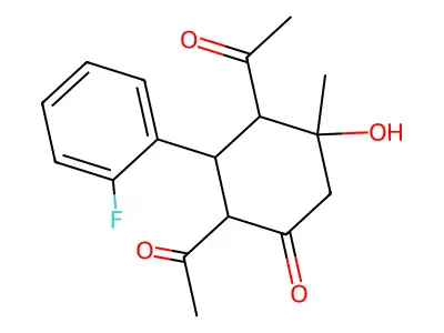 2,4-Diacetyl-3-(2-fluorophenyl)-5-hydroxy-5-methylcyclohexanone structure