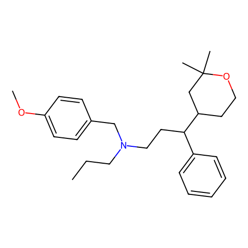3-(2,2-dimethyltetrahydro-2H-pyran-4-yl)-N-(4-methoxybenzyl)-3-phenyl-N-propylpropan-1-amine structure