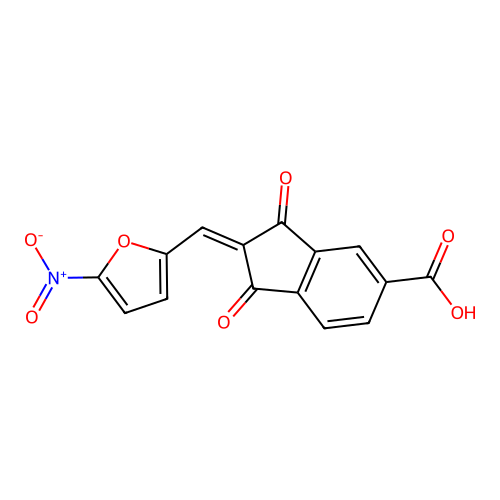 (E)-2-((5-nitrofuran-2-yl)methylene)-1,3-dioxo-2,3-dihydro-1H-indene-5-carboxylic acid structure