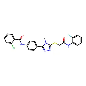 2-chloro-N-[4-[5-[2-(2-fluoroanilino)-2-oxoethyl]sulfanyl-4-methyl-1,2,4-triazol-3-yl]phenyl]benzamide structure