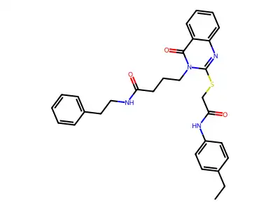4-[2-({[(4-ethylphenyl)carbamoyl]methyl}sulfanyl)-4-oxo-3,4-dihydroquinazolin-3-yl]-N-(2-phenylethyl)butanamide structure