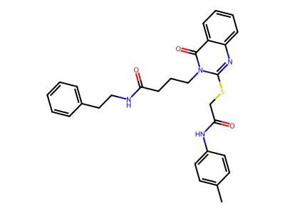 4-[2-({[(4-methylphenyl)carbamoyl]methyl}sulfanyl)-4-oxo-3,4-dihydroquinazolin-3-yl]-N-(2-phenylethyl)butanamide structure