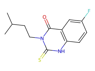 6-fluoro-3-(3-methylbutyl)-2-sulfanylidene-1H-quinazolin-4-one structure