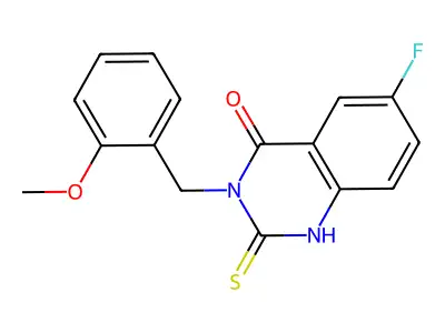 6-fluoro-3-[(2-methoxyphenyl)methyl]-2-sulfanylidene-1H-quinazolin-4-one structure