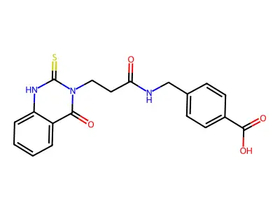 4-({[3-(4-oxo-2-thioxo-1,4-dihydroquinazolin-3(2H)-yl)propanoyl]amino}methyl)benzoic acid structure