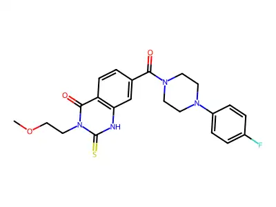 7-[4-(4-fluorophenyl)piperazine-1-carbonyl]-3-(2-methoxyethyl)-2-sulfanylidene-1,2,3,4-tetrahydroquinazolin-4-one structure