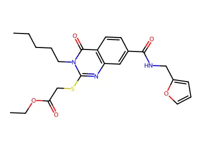 ethyl 2-((7-((furan-2-ylmethyl)carbamoyl)-4-oxo-3-pentyl-3,4-dihydroquinazolin-2-yl)thio)acetate structure