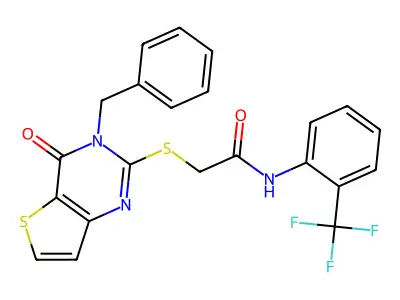 2-({3-benzyl-4-oxo-3H,4H-thieno[3,2-d]pyrimidin-2-yl}sulfanyl)-N-[2-(trifluoromethyl)phenyl]acetamide structure