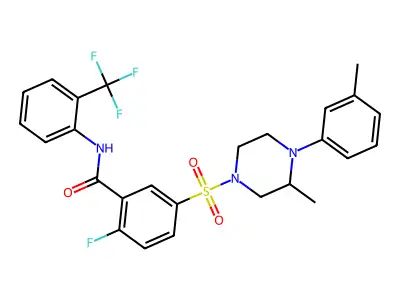 2-fluoro-5-((3-methyl-4-(m-tolyl)piperazin-1-yl)sulfonyl)-N-(2-(trifluoromethyl)phenyl)benzamide structure