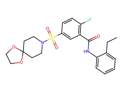 5-(1,4-dioxa-8-azaspiro[4.5]decan-8-ylsulfonyl)-N-(2-ethylphenyl)-2-fluorobenzamide structure