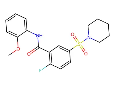2-fluoro-N-(2-methoxyphenyl)-5-(piperidin-1-ylsulfonyl)benzamide structure