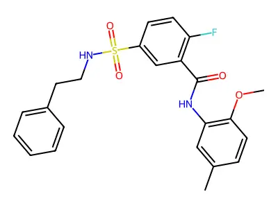 2-fluoro-N-(2-methoxy-5-methylphenyl)-5-(N-phenethylsulfamoyl)benzamide structure