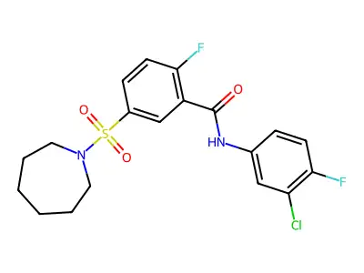 5-(azepan-1-ylsulfonyl)-N-(3-chloro-4-fluorophenyl)-2-fluorobenzamide structure