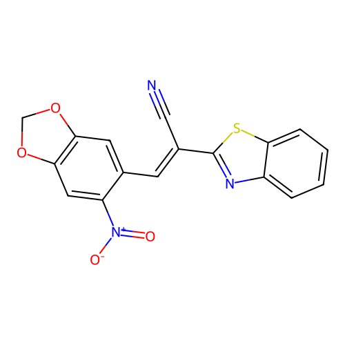 (2E)-2-(1,3-benzothiazol-2-yl)-3-(6-nitro-1,3-benzodioxol-5-yl)prop-2-enenitrile structure
