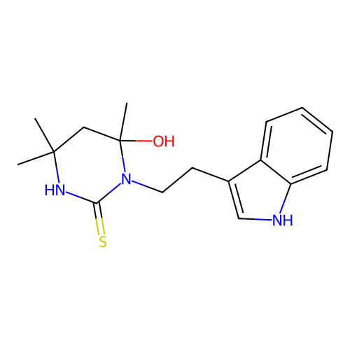 1-(2-(1H-indol-3-yl)ethyl)-6-hydroxy-4,4,6-trimethyltetrahydropyrimidine-2(1H)-thione structure