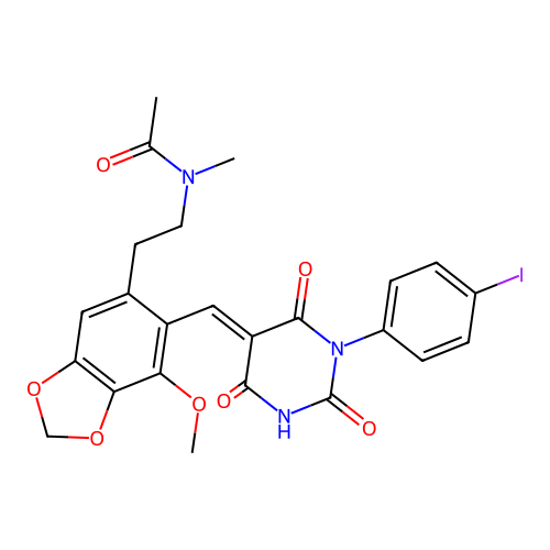 N-(2-(6-((1-(4-iodophenyl)-2,4,6-trioxotetrahydropyrimidin-5(2H)-ylidene)methyl)-7-methoxybenzo[d][1,3]dioxol-5-yl)ethyl)-N-methylacetamide structure