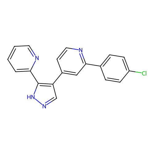 2-[4-chlorophenyl]-4-(3-pyridin-2-yl-1H-pyrazol-4-yl)pyridine structure