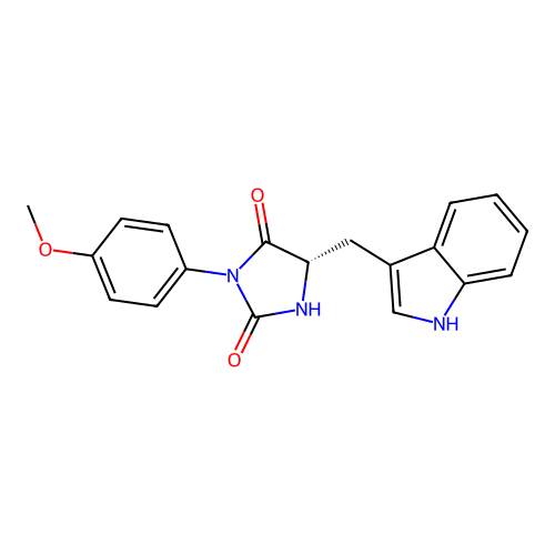 (5S)-5-(1H-indol-3-ylmethyl)-3-(4-methoxyphenyl)imidazolidine-2,4-dione structure