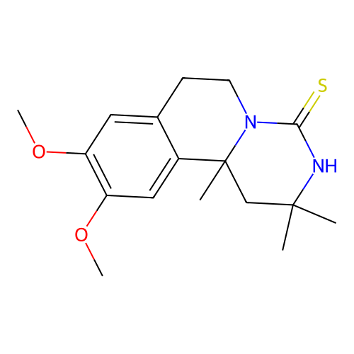9,10-dimethoxy-2,2,11b-trimethyl-1,3,6,7-tetrahydropyrimido[6,1-a]isoquinoline-4-thione structure