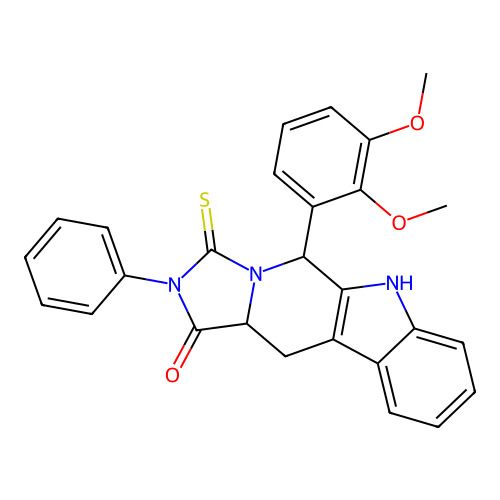 5-(2,3-dimethoxyphenyl)-2-phenyl-3-thioxo-2,3,5,6,11,11a-hexahydro-1H-imidazo[1',5':1,6]pyrido[3,4-b]indol-1-one structure